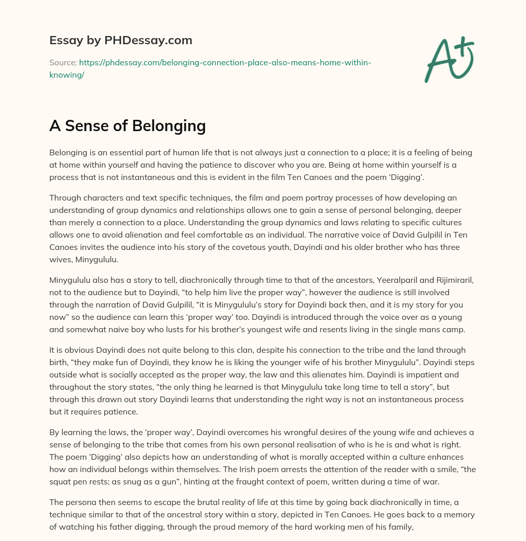 A Sense of Belonging essay