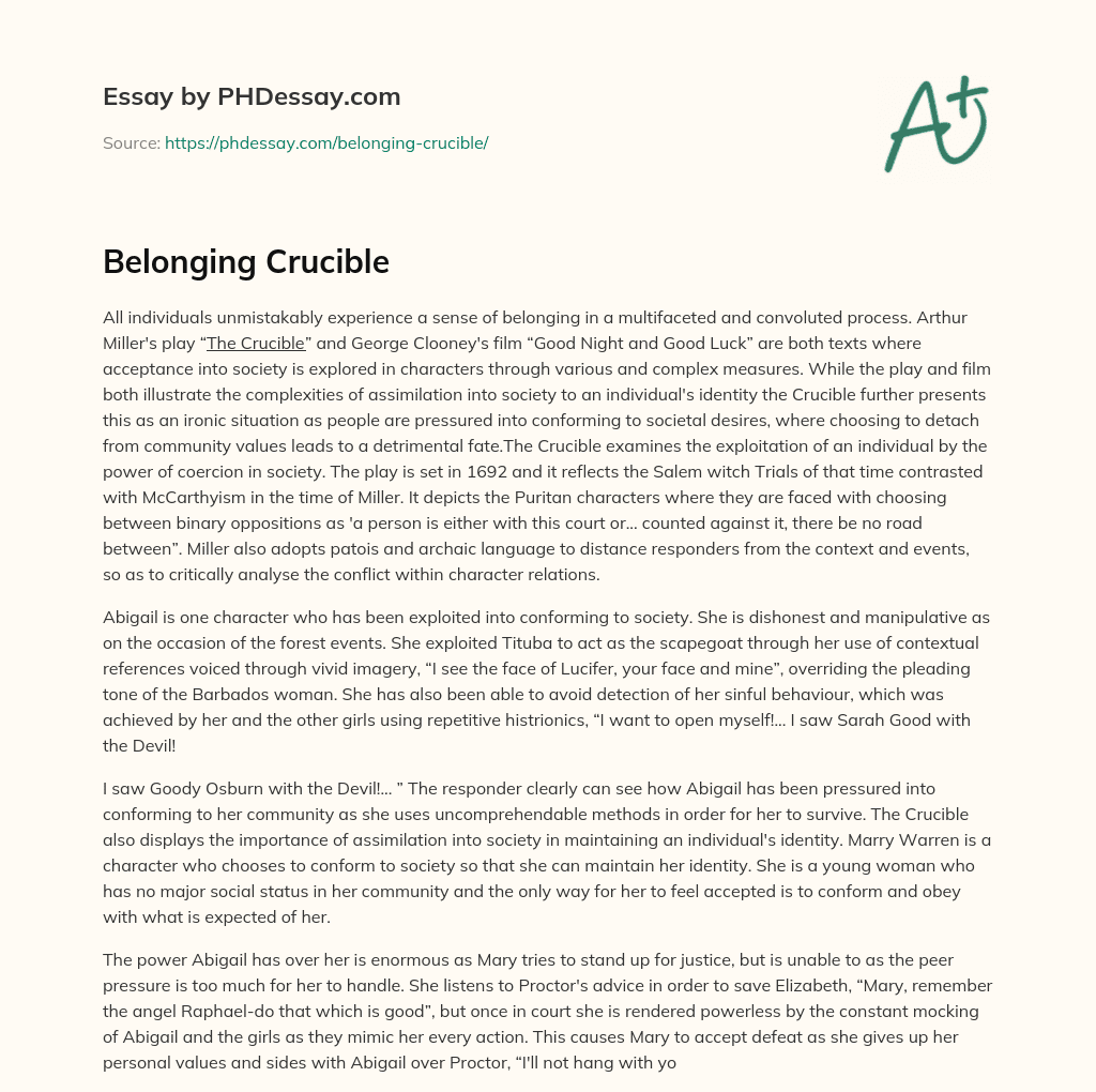 Belonging Crucible essay