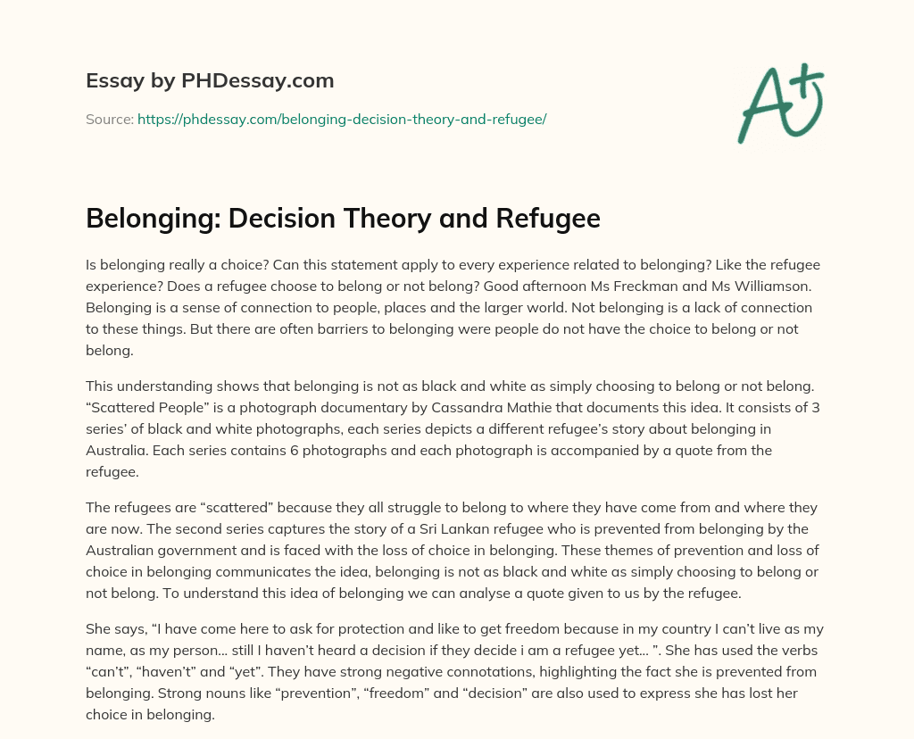 Belonging: Decision Theory and Refugee essay