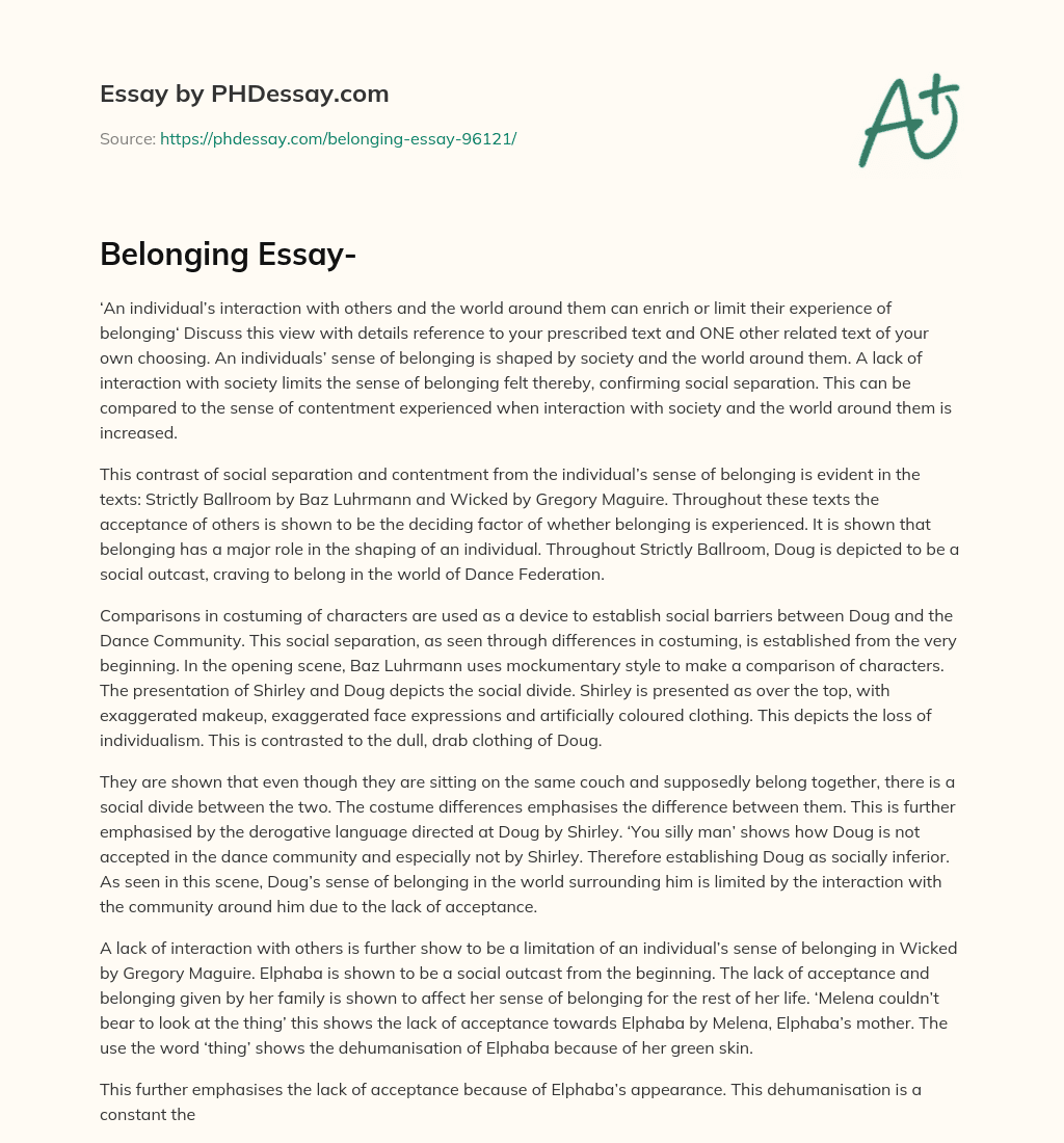 The Role of Interaction in Shaping an Individual’s Sense of Belonging: Analysis of Strictly Ballroom and Wicked essay