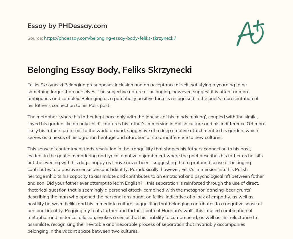 Belonging Essay Body, Feliks Skrzynecki essay