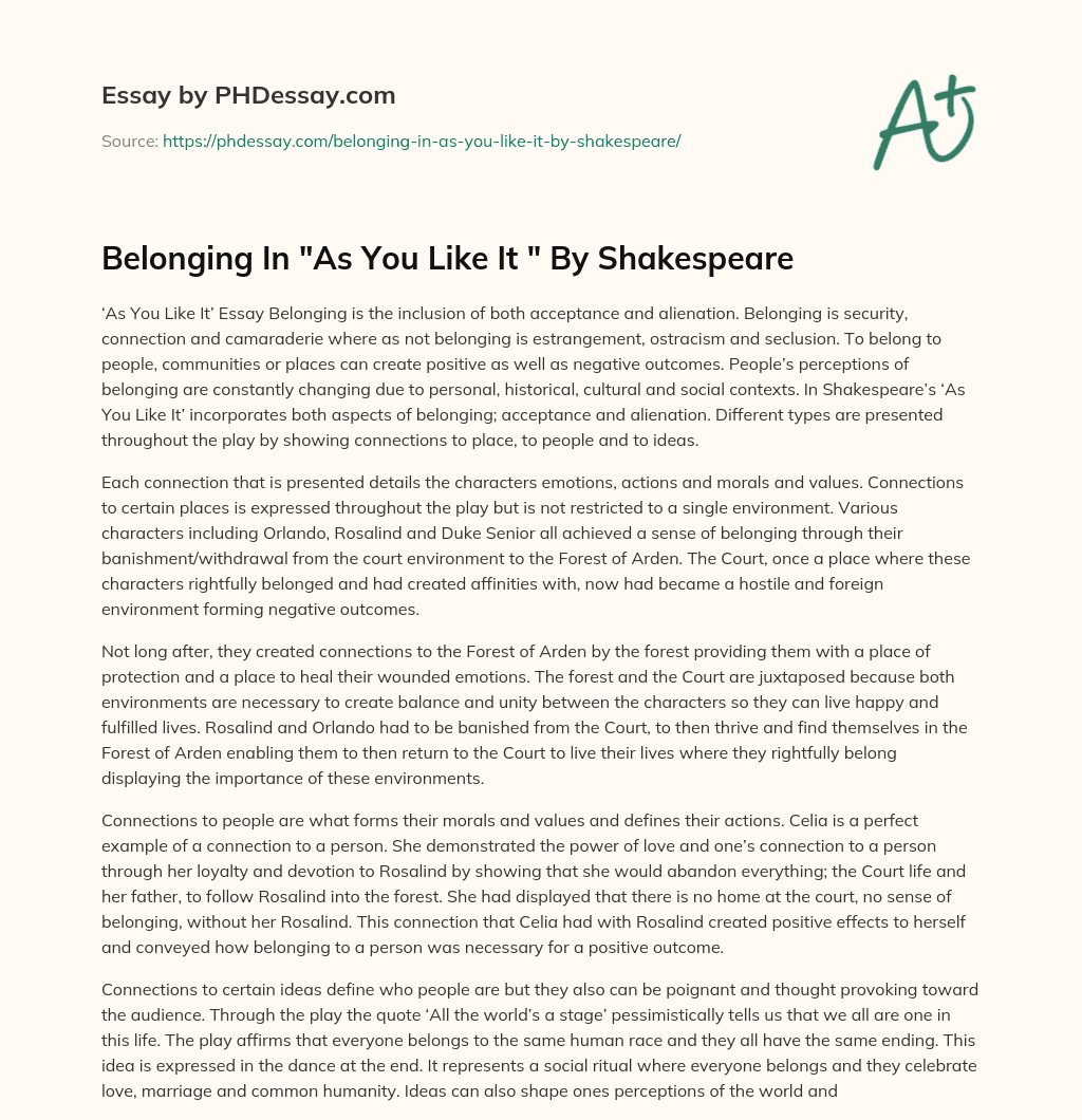 Belonging In “As You Like It ” By Shakespeare essay