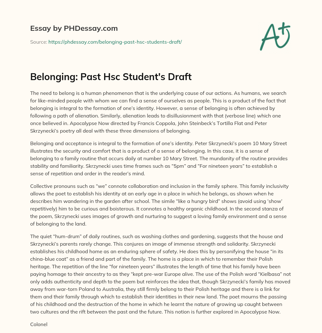 Belonging: Past Hsc Student’s Draft essay