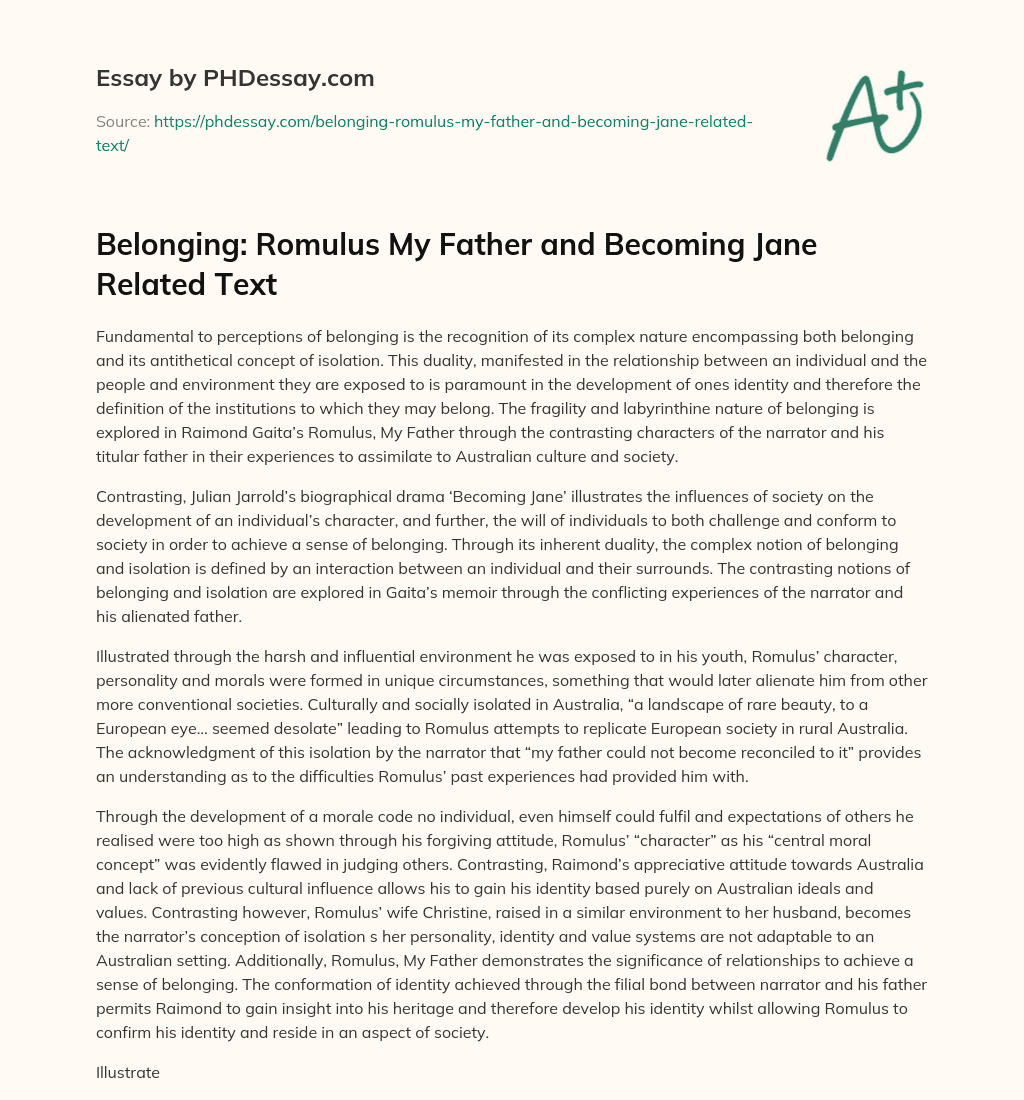 Belonging: Romulus My Father and Becoming Jane Related Text essay