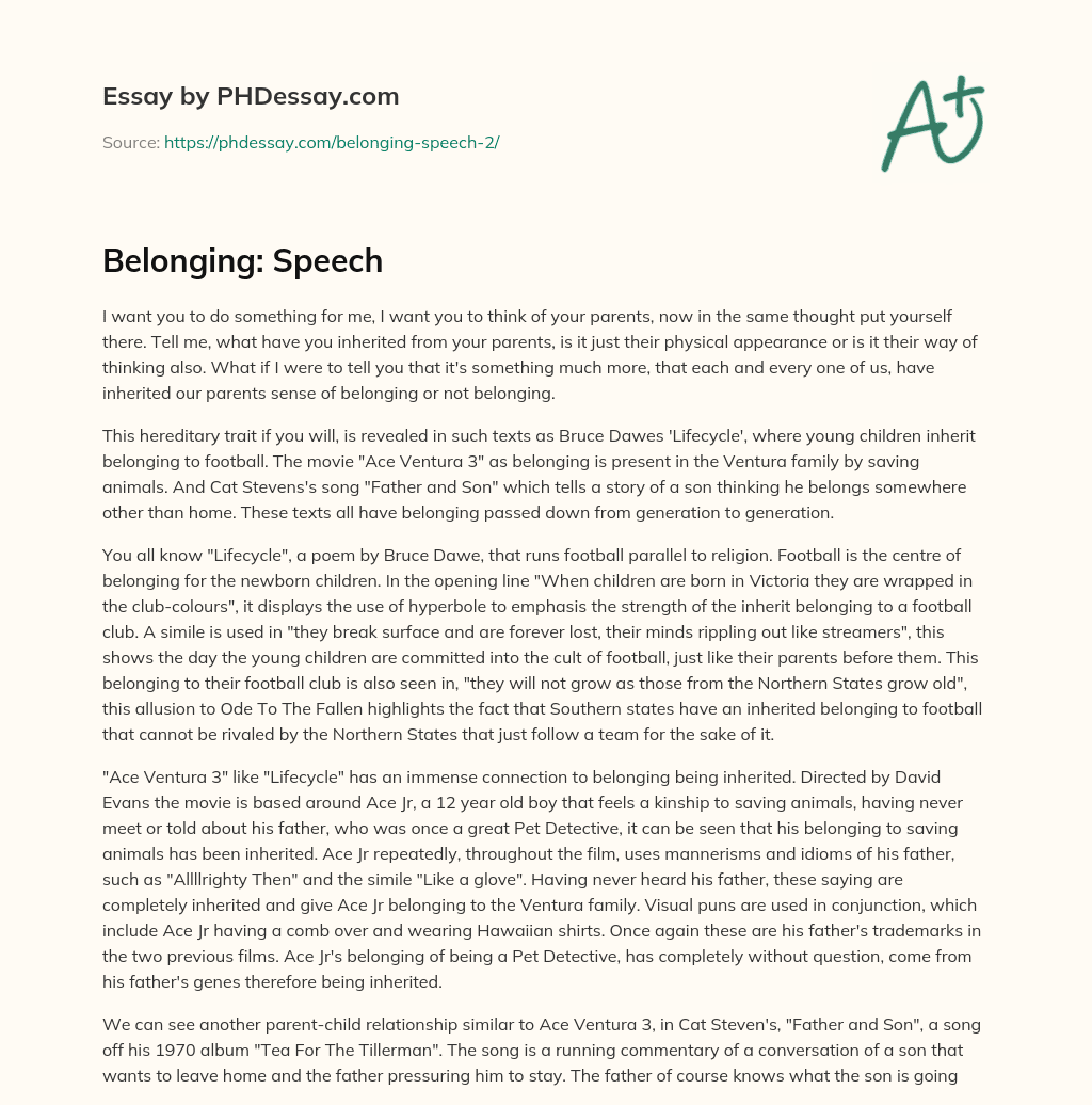 Belonging: Speech essay