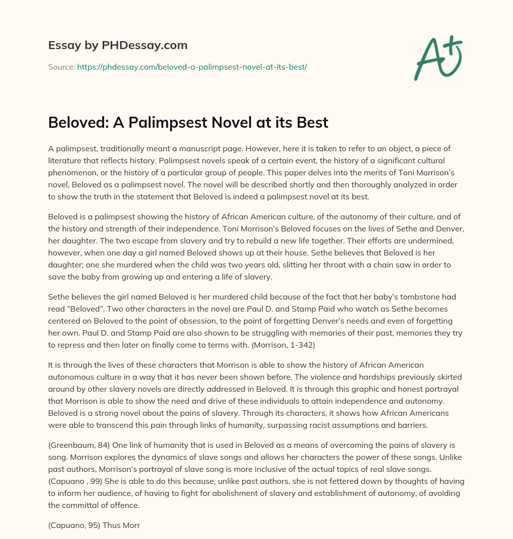 Beloved: A Palimpsest Novel at its Best essay