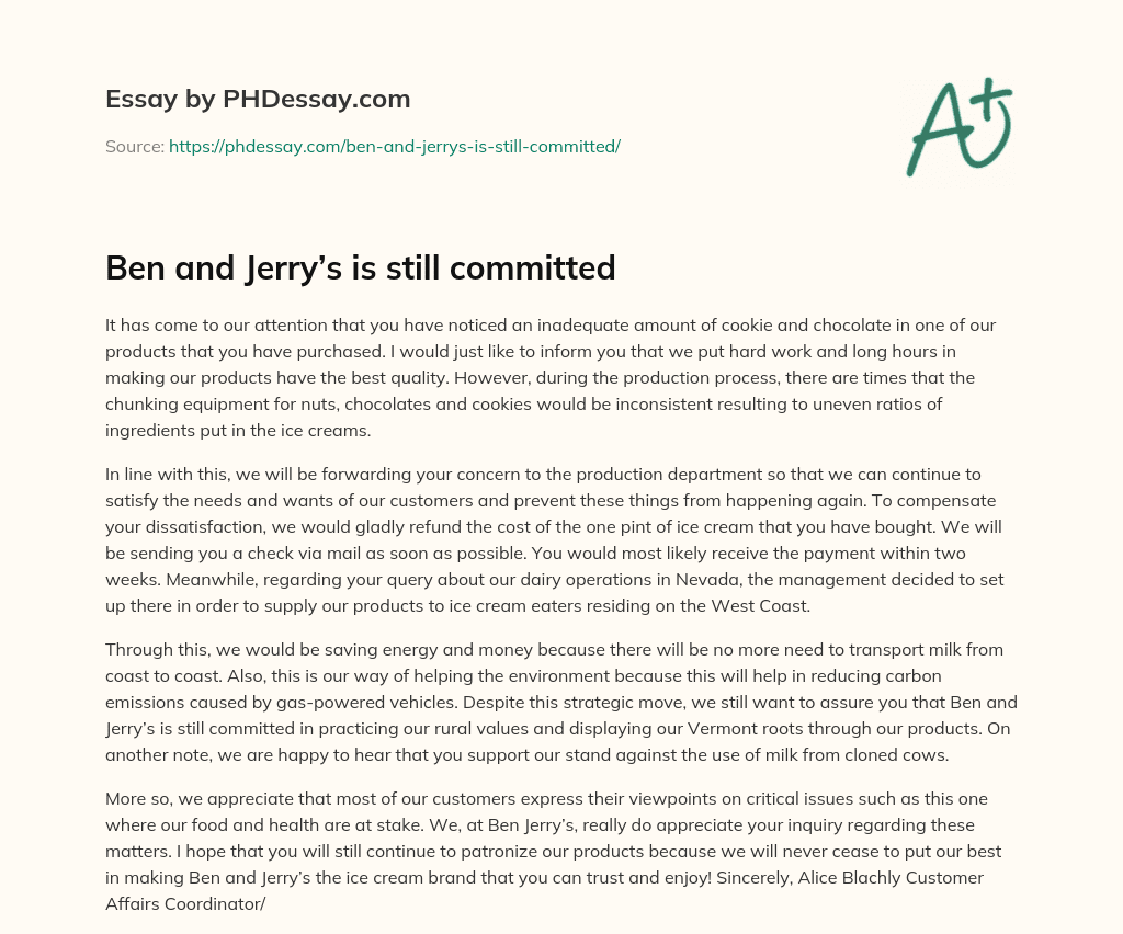 Ben and Jerry’s is still committed essay