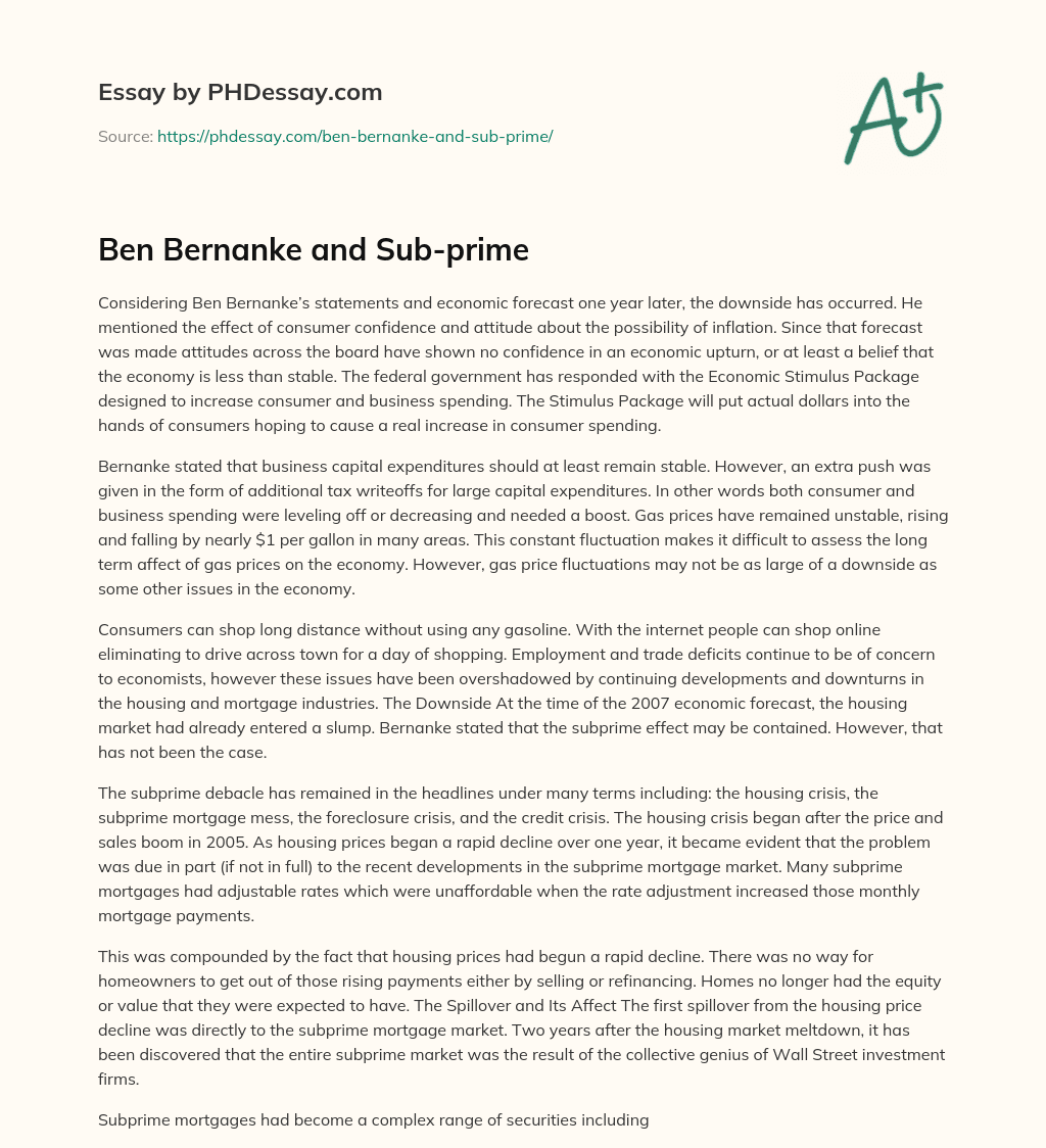 Ben Bernanke and Sub-prime essay