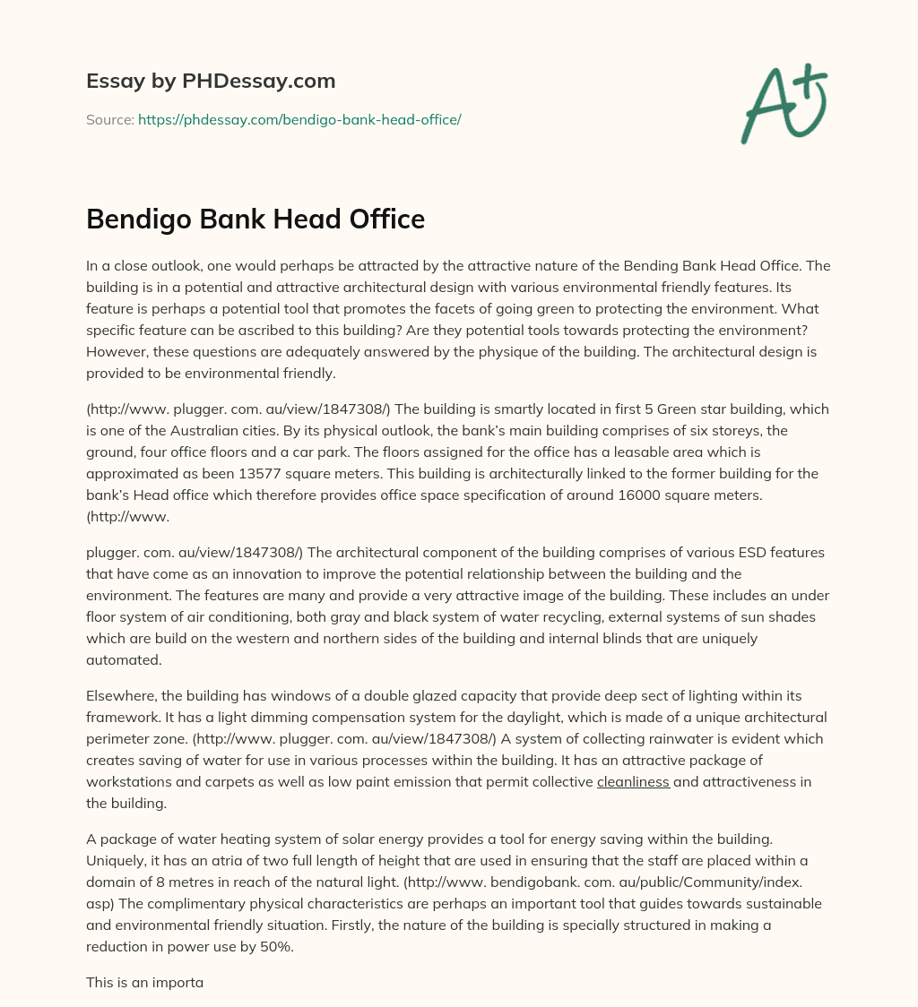 Bendigo Bank Head Office essay