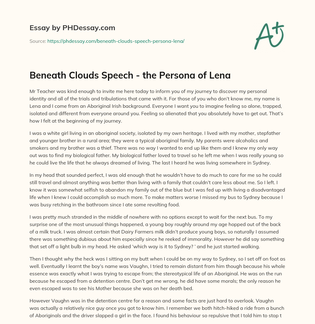 Beneath Clouds Speech – the Persona of Lena essay