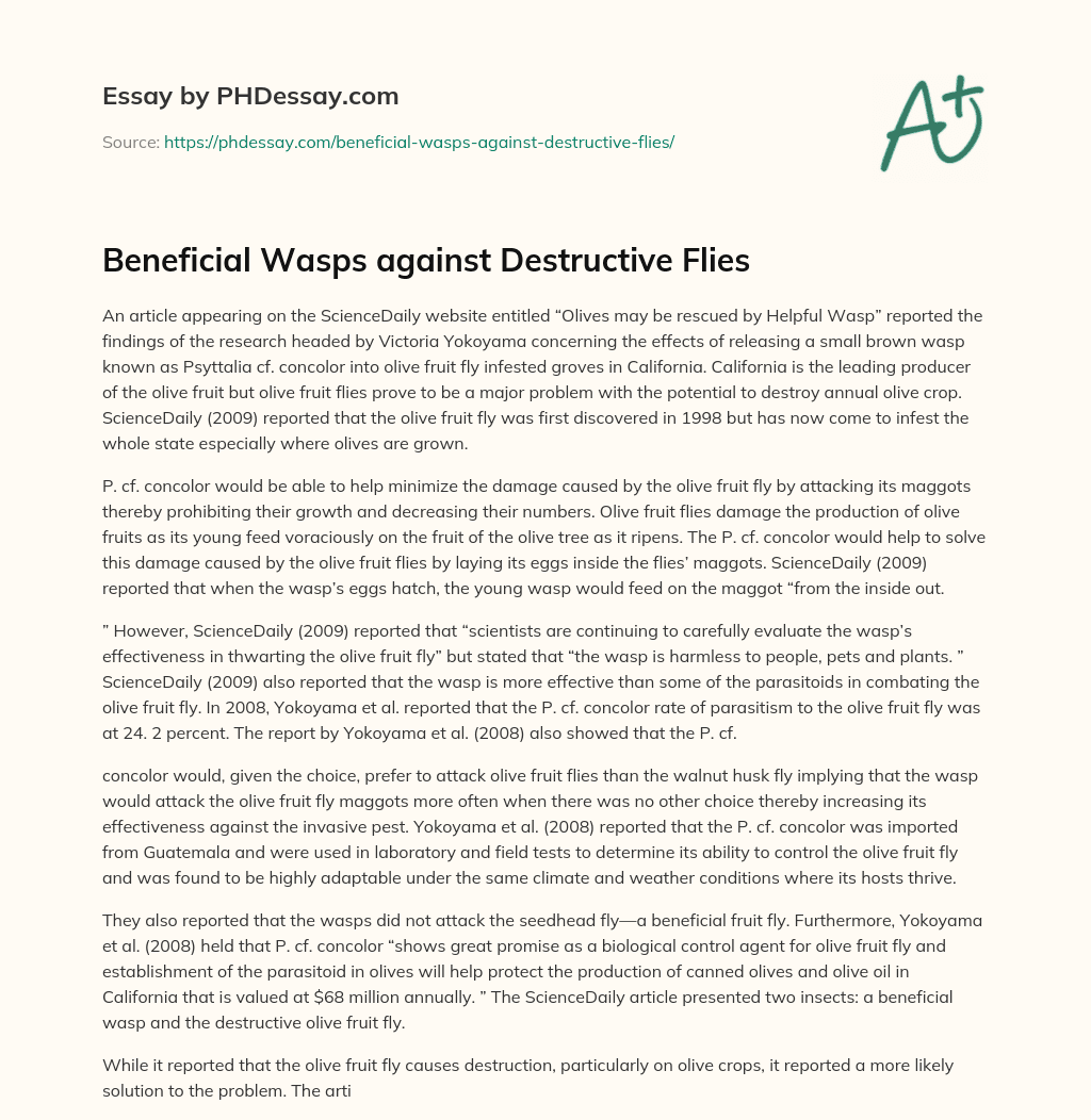 Beneficial Wasps against Destructive Flies essay