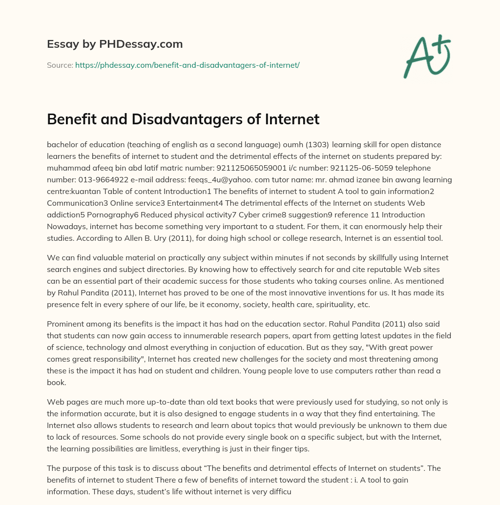 Benefit and Disadvantagers of Internet essay