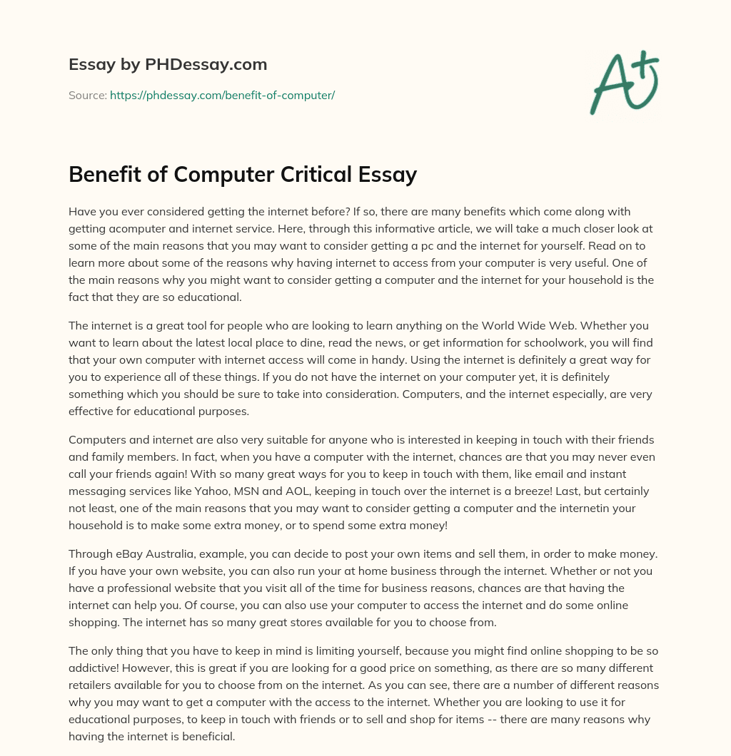 Benefit of Computer Critical Essay essay