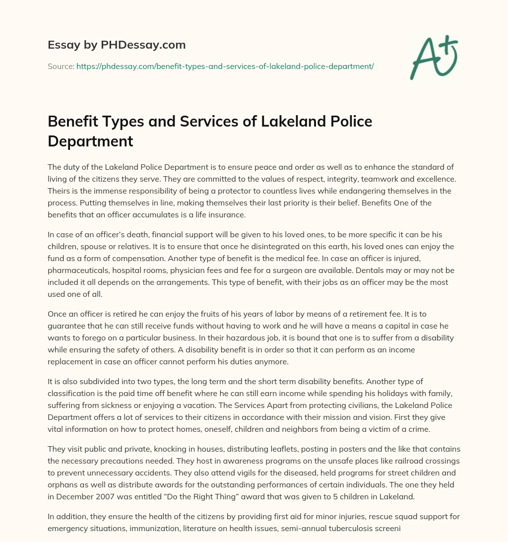 Benefit Types and Services of Lakeland Police Department essay