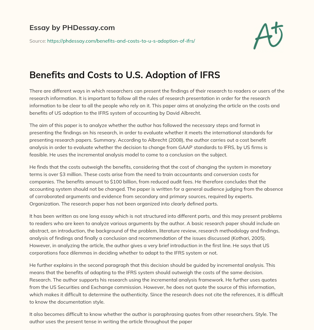 Benefits and Costs to U.S. Adoption of IFRS essay