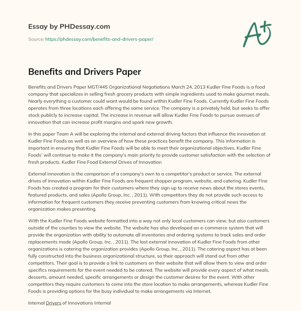 Benefits and Drivers Paper essay