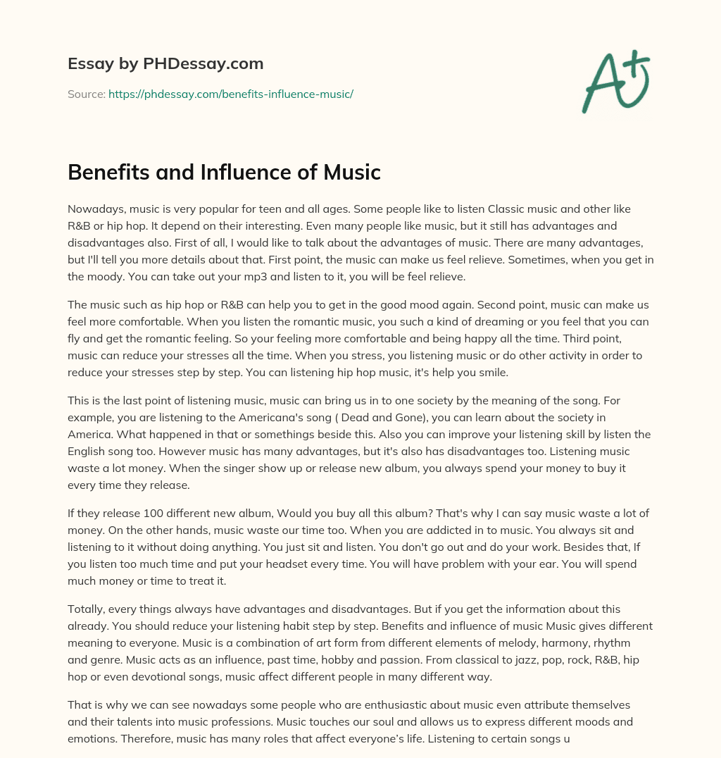 Benefits and Influence of Music essay