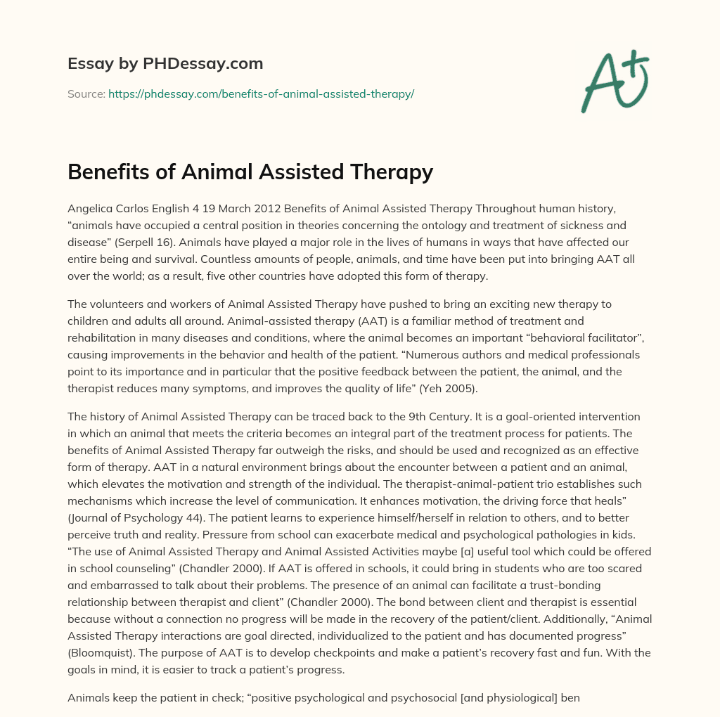 Benefits of Animal Assisted Therapy essay