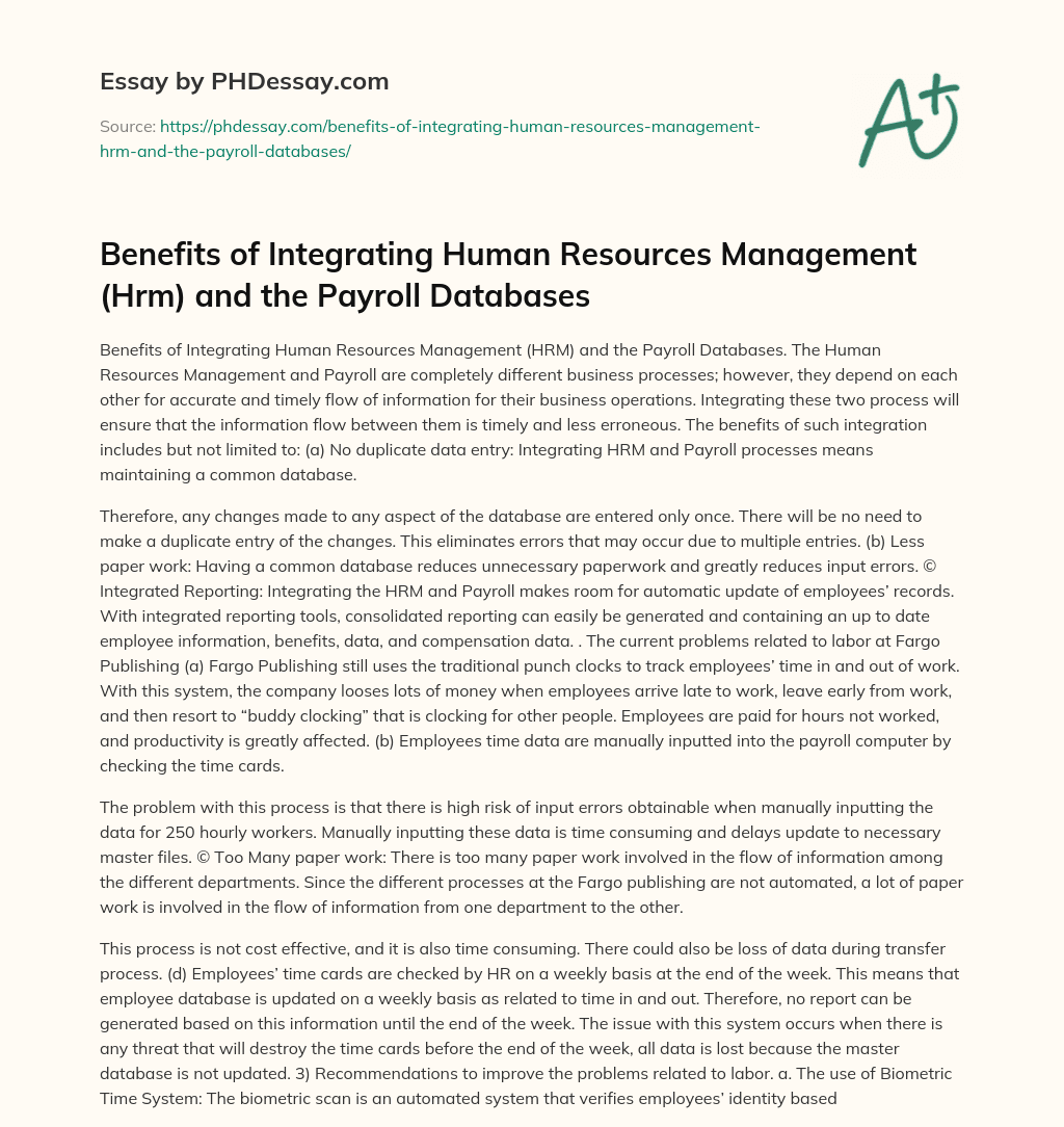 Benefits of Integrating Human Resources Management (Hrm) and the Payroll Databases essay