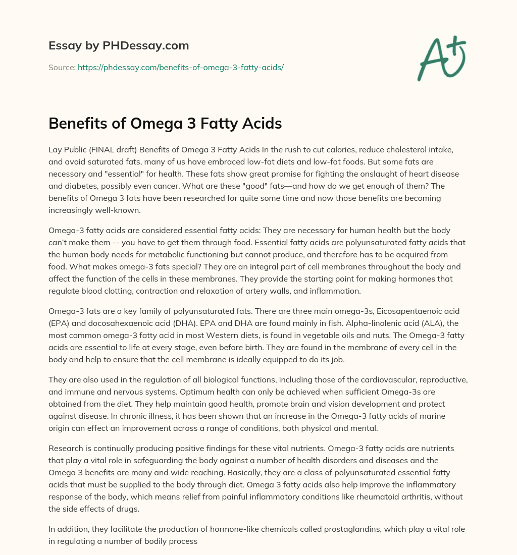 Benefits of Omega 3 Fatty Acids essay