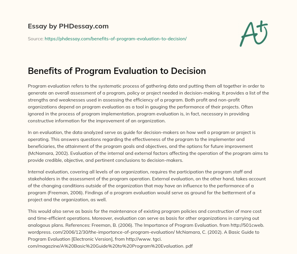 Benefits of Program Evaluation to Decision essay