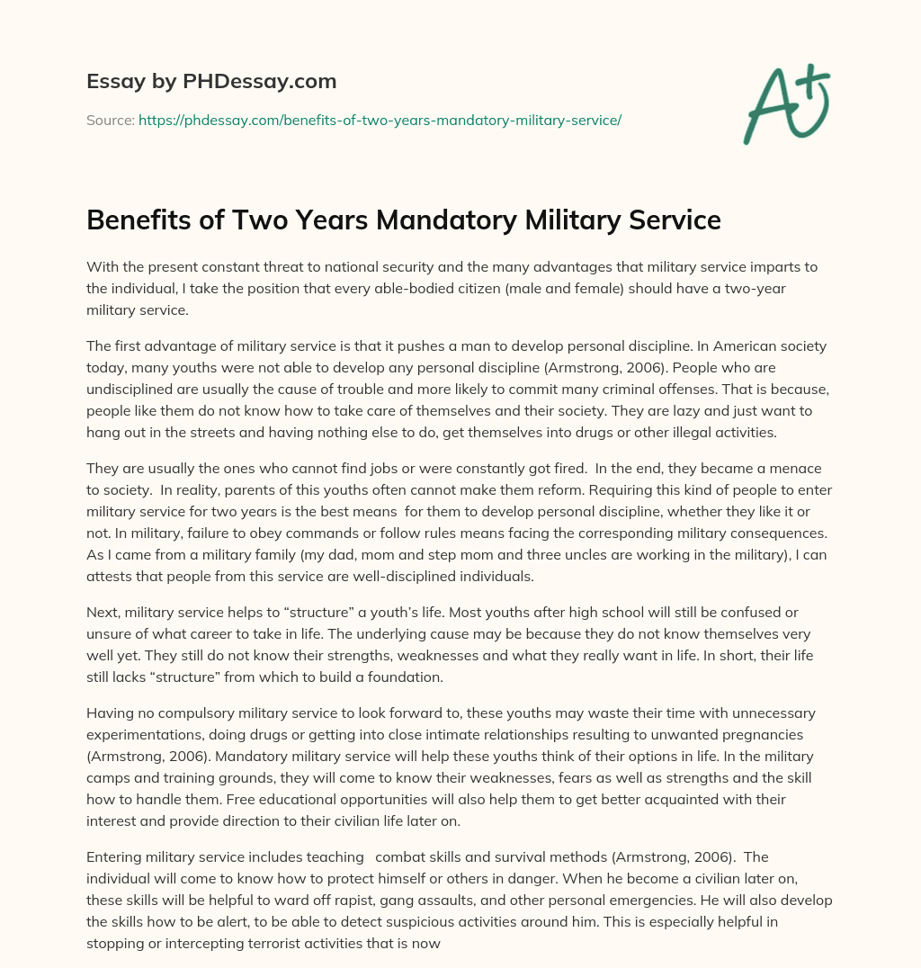 Benefits of  Two Years Mandatory Military Service essay