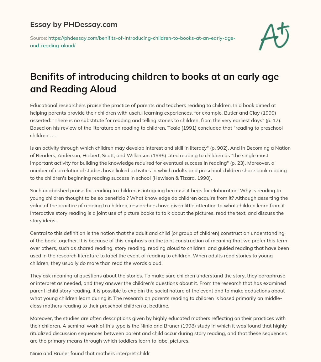 Benifits of introducing children to books at an early age and Reading Aloud essay