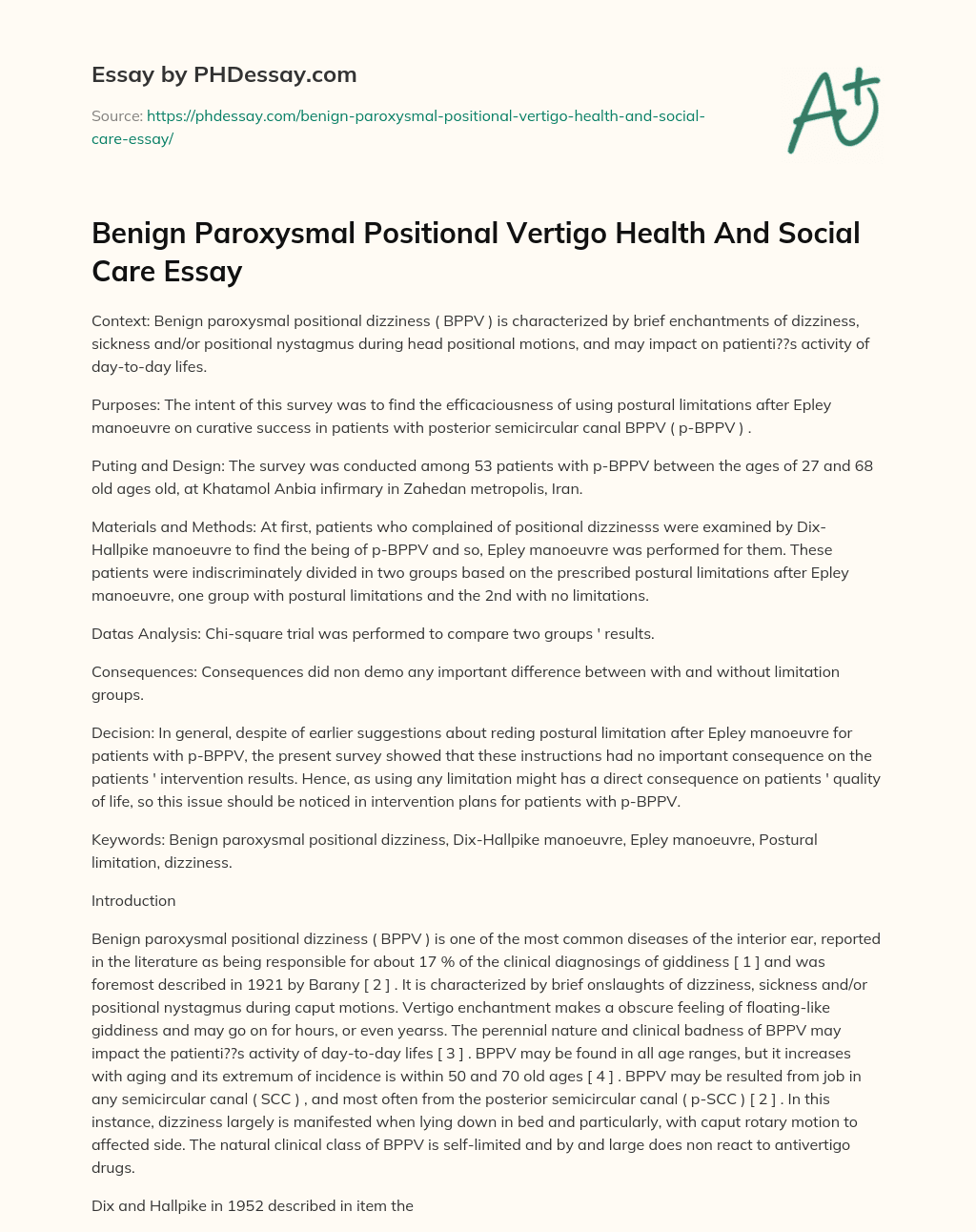 Benign Paroxysmal Positional Vertigo Health And Social Care Essay essay