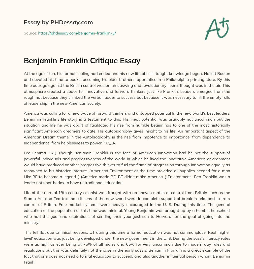 Benjamin Franklin Critique Essay essay