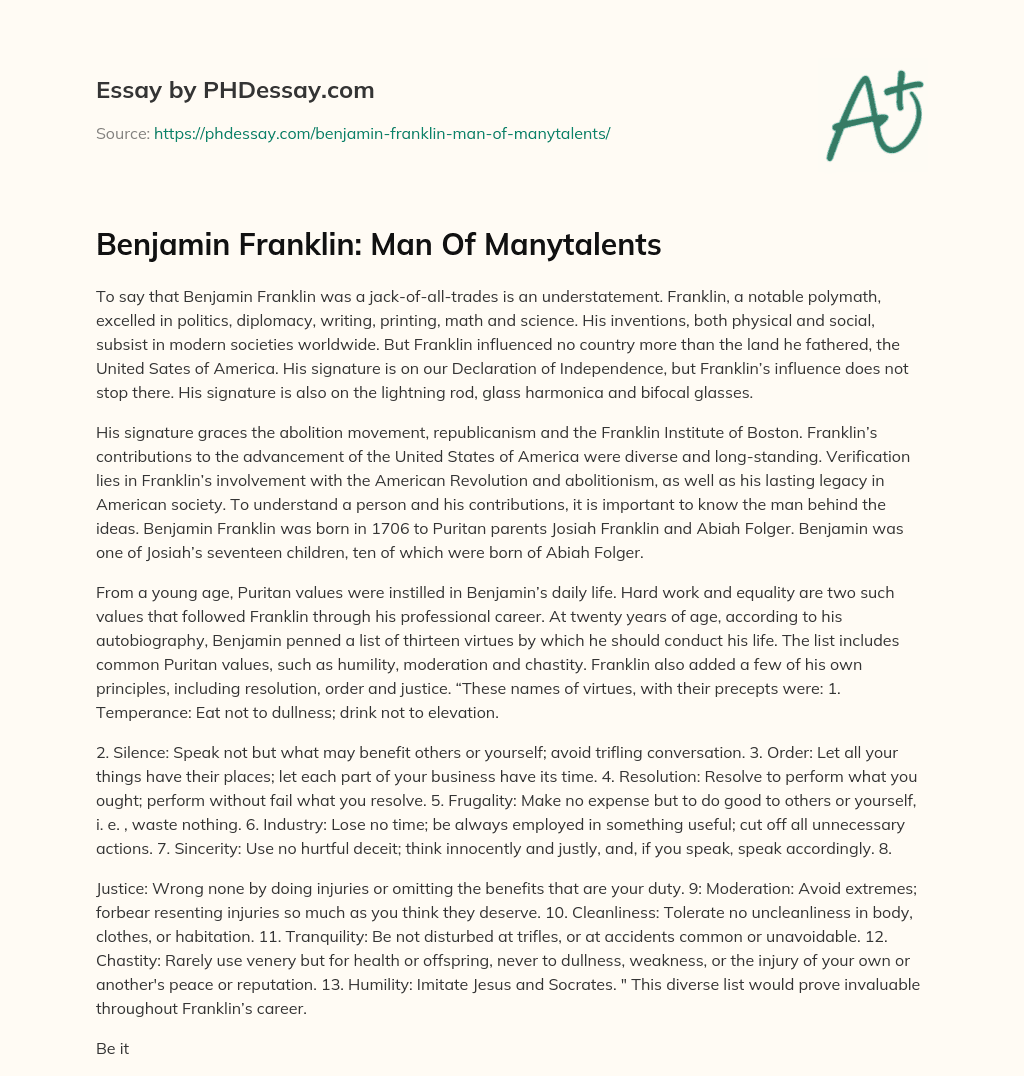 Benjamin Franklin: Man Of Manytalents essay