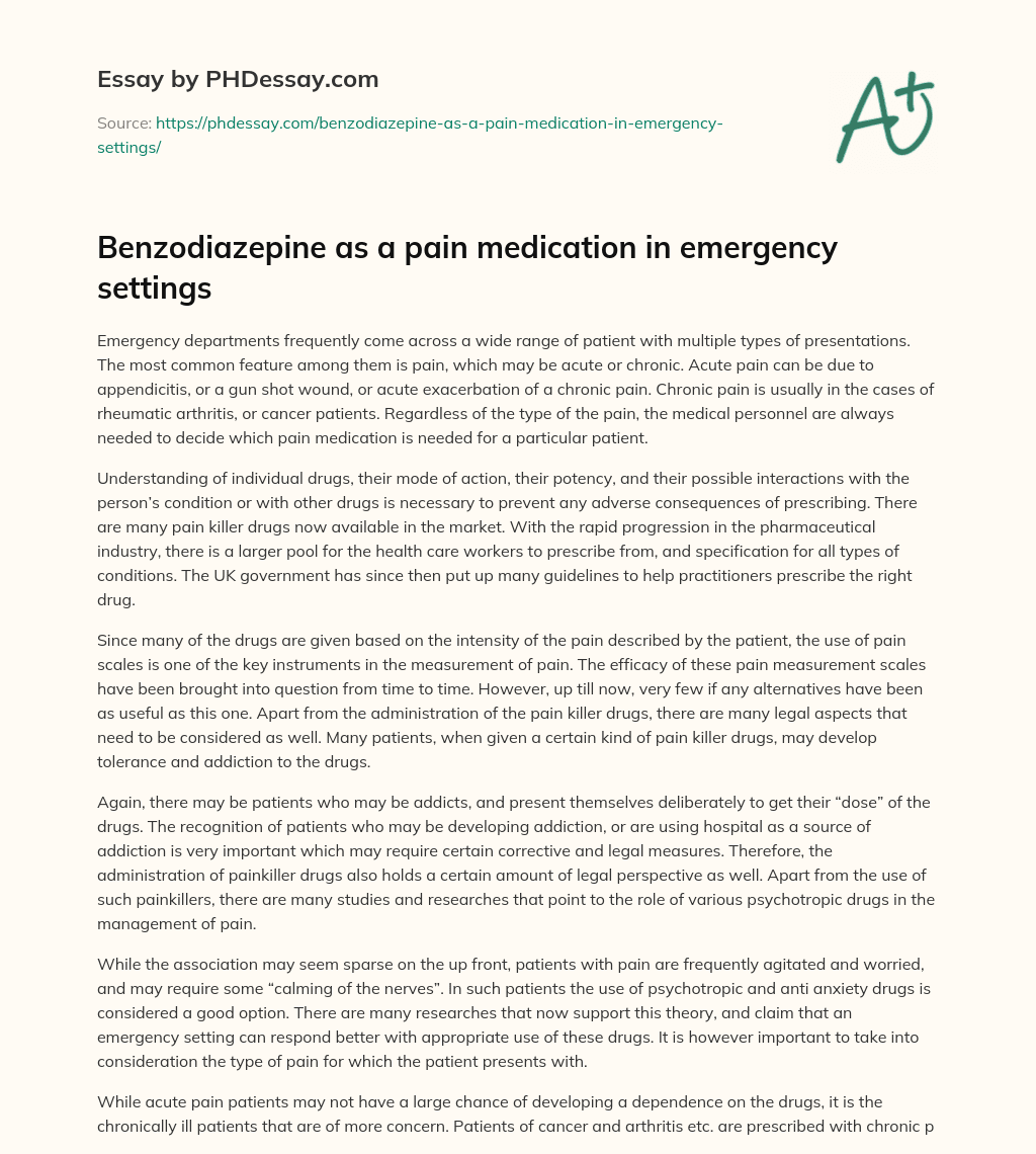 Benzodiazepine as a pain medication in emergency settings essay