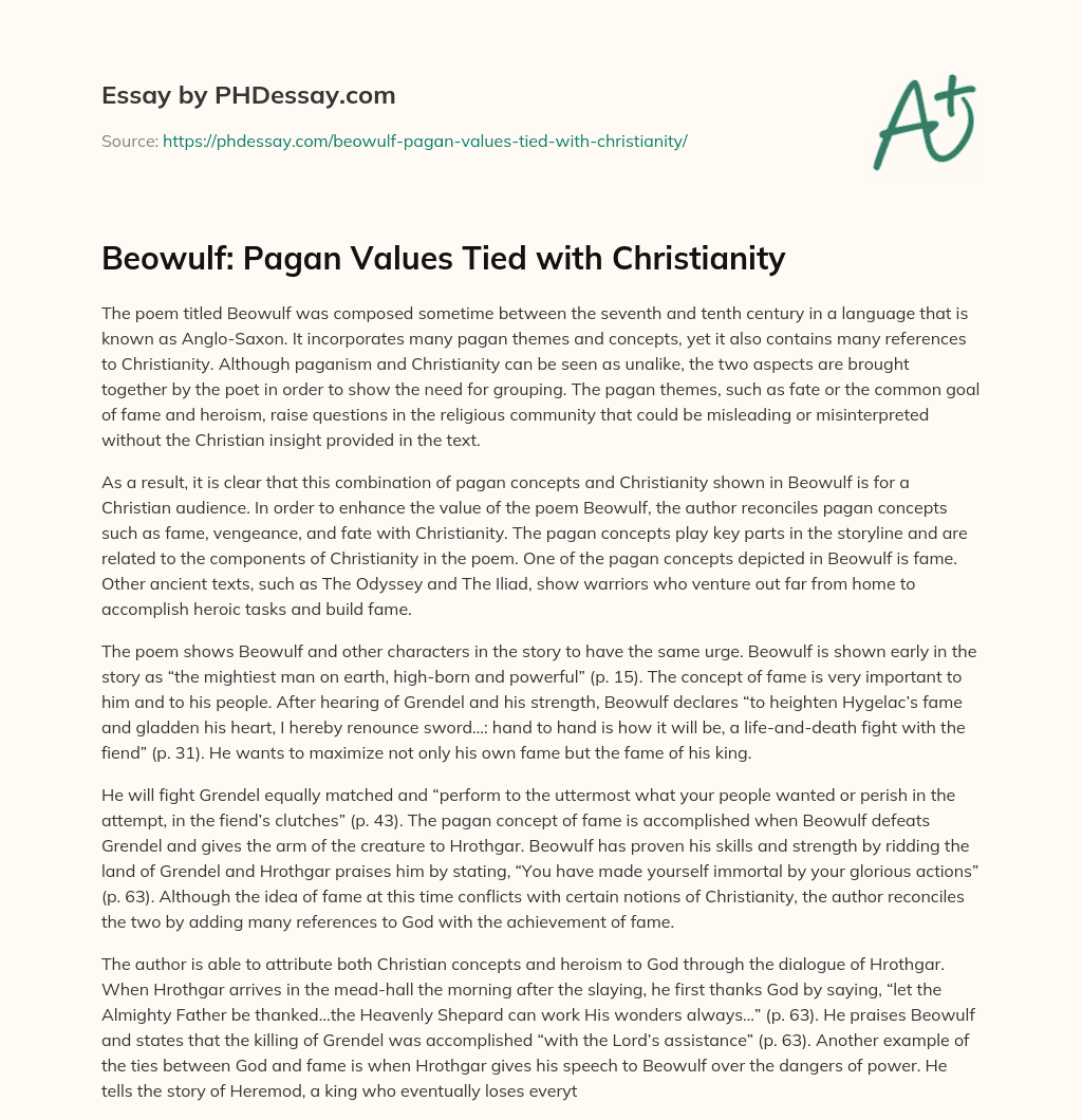 Beowulf: Pagan Values Tied with Christianity essay