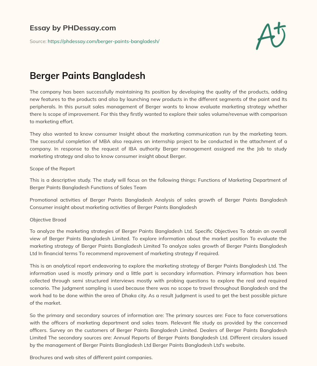 Berger Paints Bangladesh essay