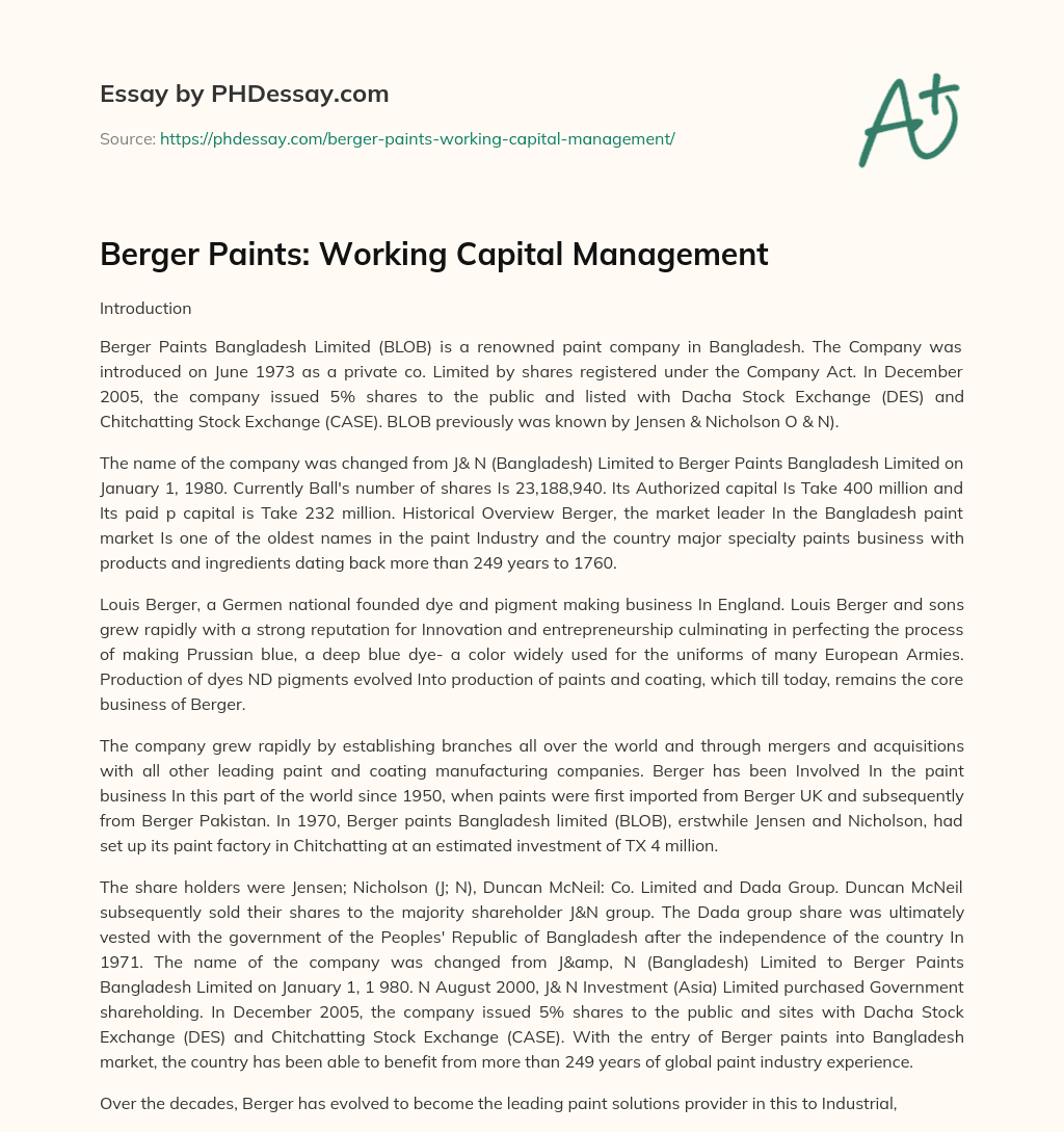 Berger Paints: Working Capital Management essay