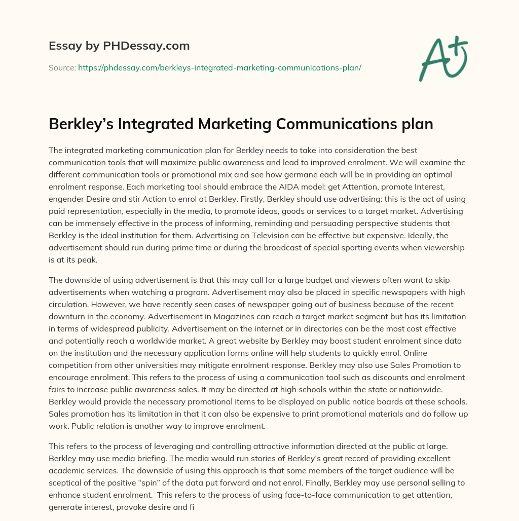 Berkley’s Integrated Marketing Communications plan essay