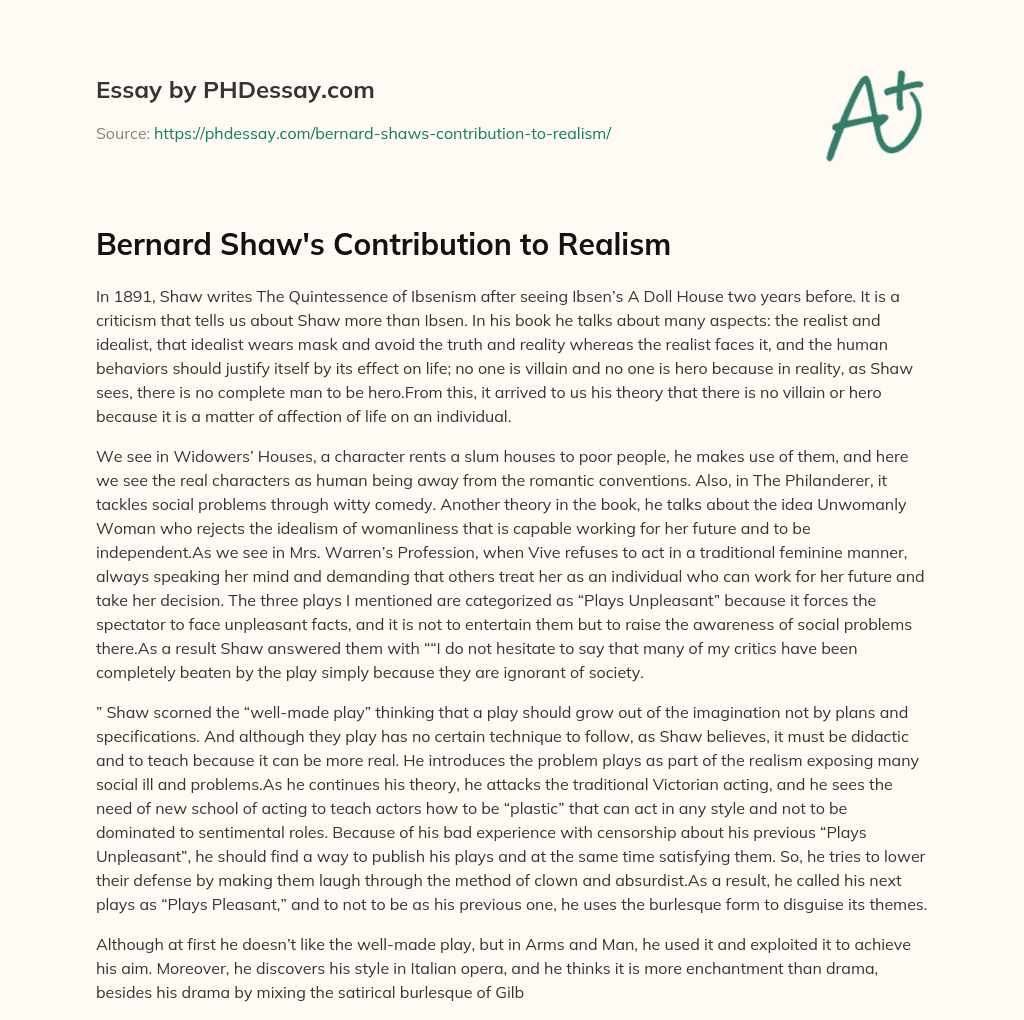 Bernard Shaw’s Contribution to Realism essay