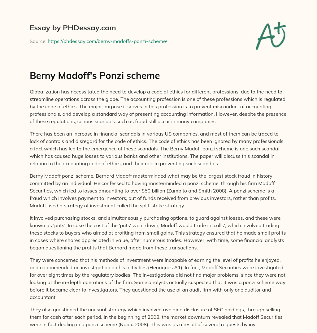 Berny Madoff’s Ponzi scheme essay