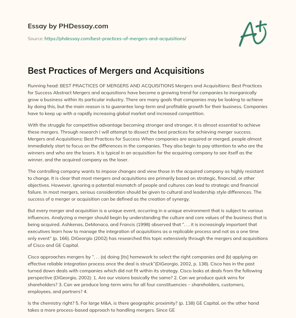 Best Practices of Mergers and Acquisitions essay