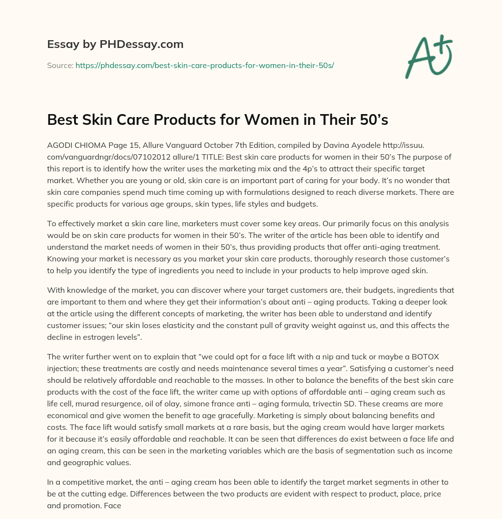 Best Skin Care Products for Women in Their 50’s essay