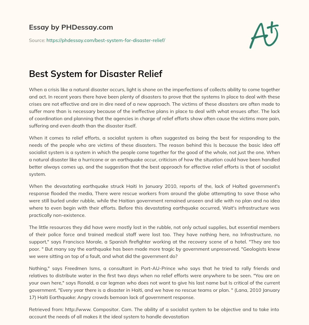 Best System for Disaster Relief essay