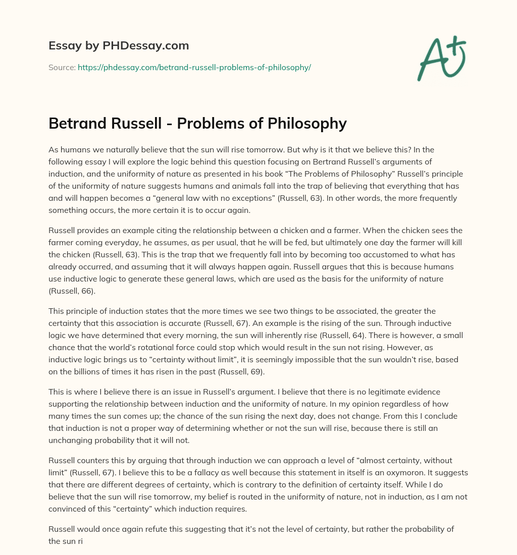 Betrand Russell – Problems of Philosophy essay