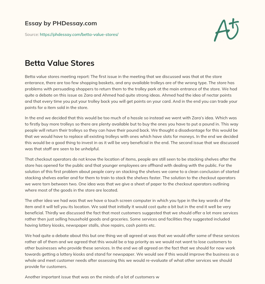 Betta Value Stores essay