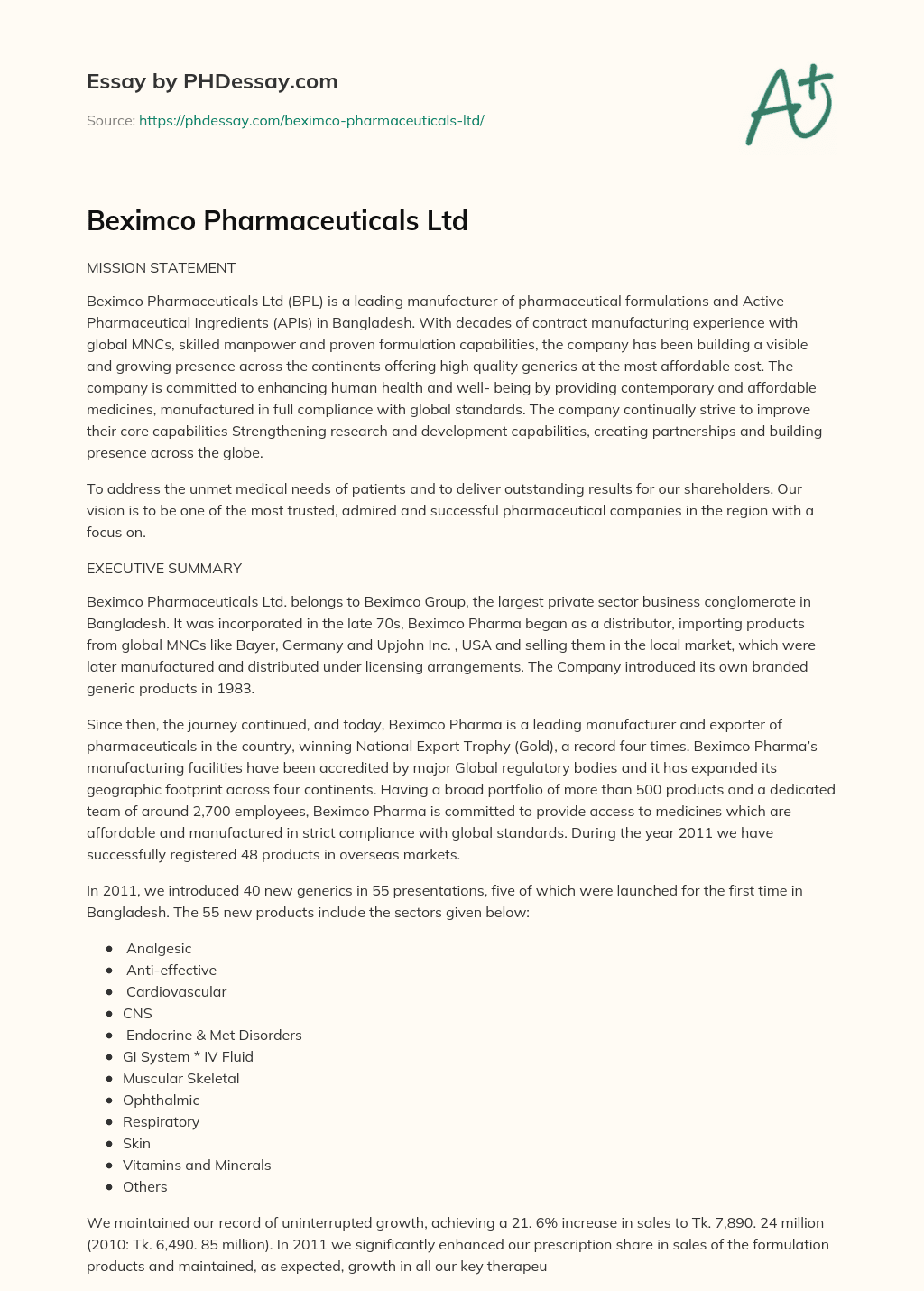 Beximco Pharmaceuticals Ltd essay