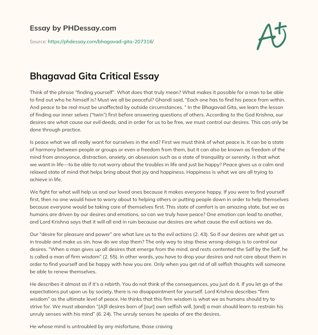 Bhagavad Gita Critical Essay essay