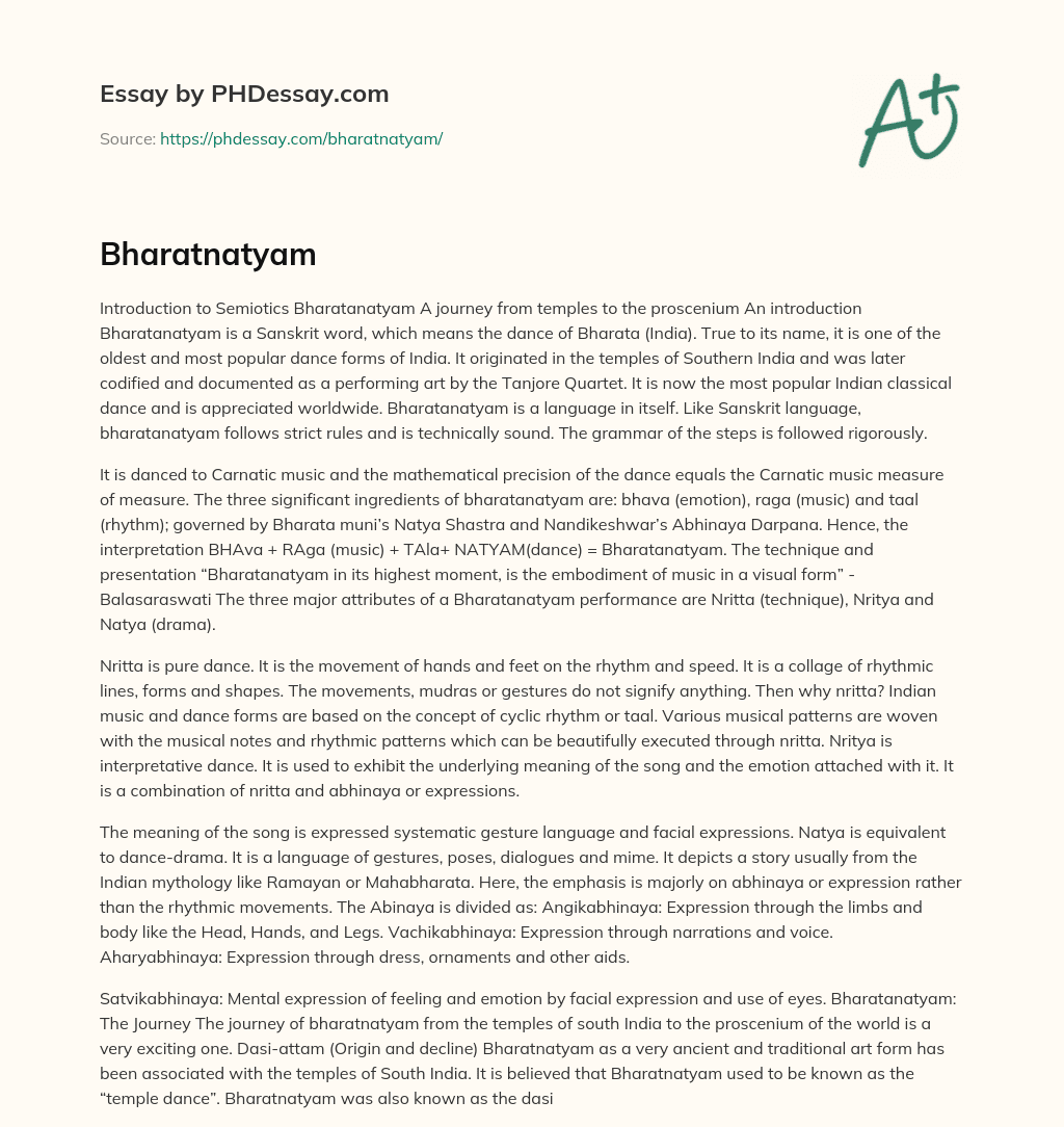 Introduction to Bharatanatyam: A Popular Indian Classical Dance Form with Strict Rules and Mathematical Precision essay