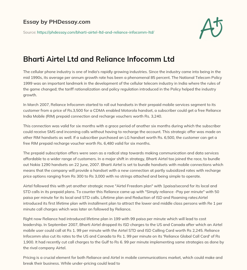 Bharti Airtel Ltd and Reliance Infocomm Ltd essay