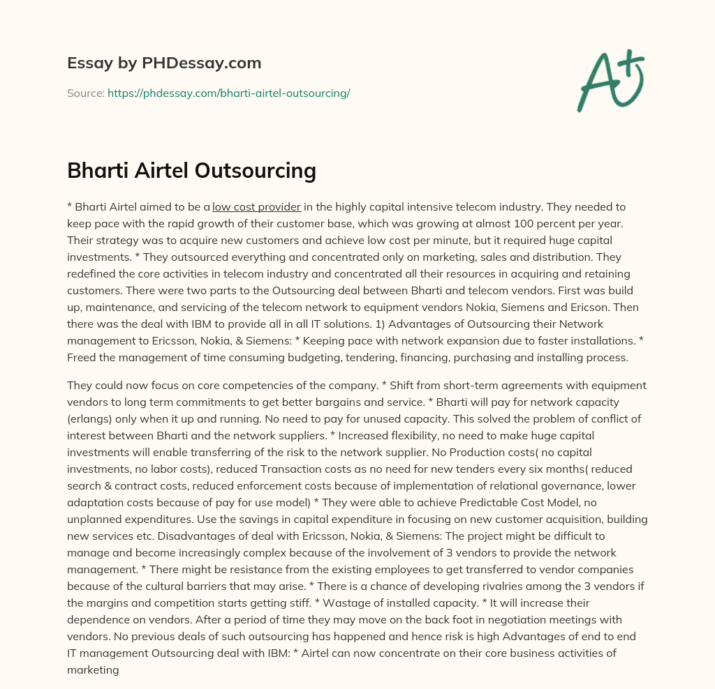 Bharti Airtel Outsourcing essay