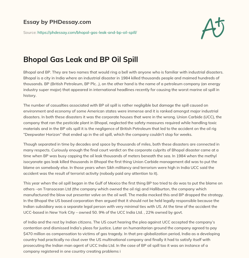 Bhopal Gas Leak and BP Oil Spill essay