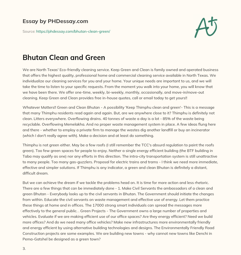 Bhutan Clean and Green essay