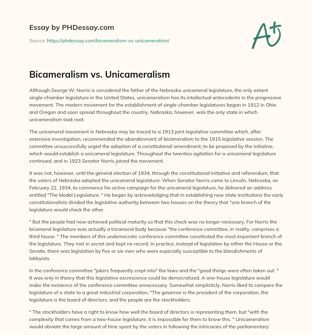 write an essay on unicameralism